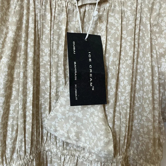 Ice Cream Prairie Asymmetrical Ruffle Tiered Tan Floral Off Shoulder Dress NWT - Picture 2 of 5